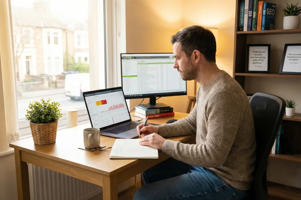 An SEO consultant is sitting at his cozy home office desk. He appears to be reviewing SEO audit data on his laptop. The screen shows crawl errors, Core Web Vitals scores, and server issues. The background features a warm, inviting workspace with bookshelves and natural light coming through the window.