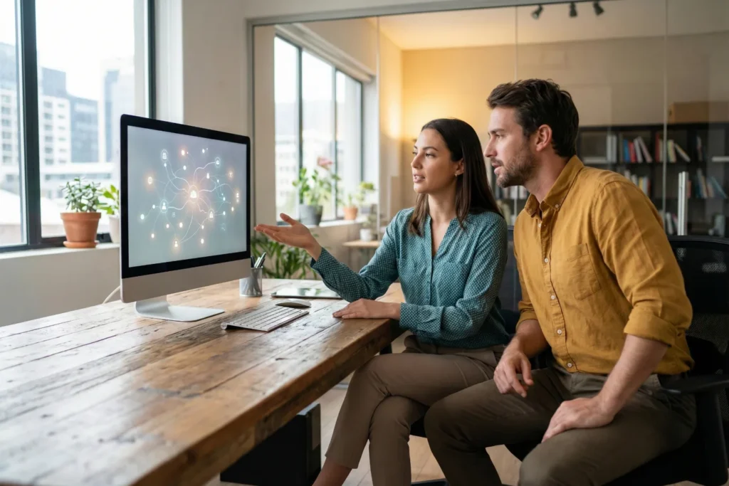 A woman content strategist and a man SEO specialist discuss semantic search concepts while reviewing interconnected visual data on a computer screen in a sunlit modern office.