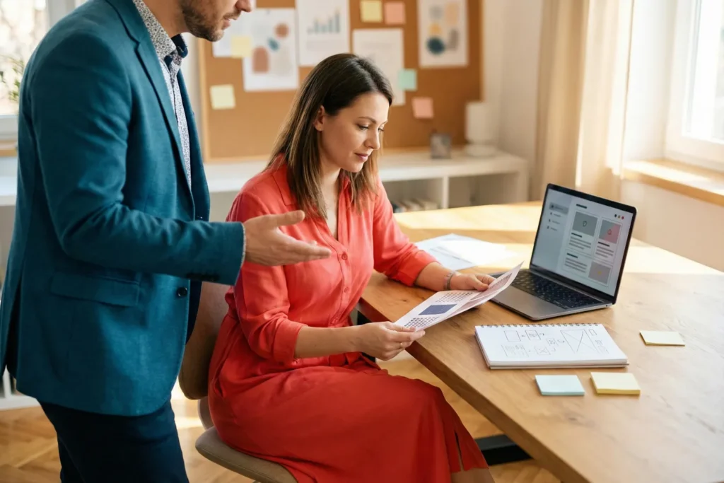 A woman SEO strategist and a man content editor collaborate at a desk. They appear to be organising comprehensive content plans in a naturally lit workspace.