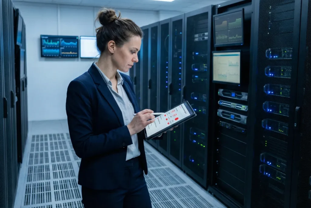 A site performance specialist is standing in a server room, holding a tablet displaying site performance issues. The tablet shows Core Web Vitals problems and unoptimised files. In the background, rows of servers and monitors display system diagnostics.