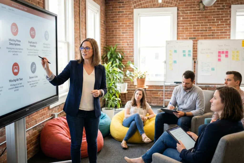 A woman is standing in a modern co-working space, explaining on-page SEO issues to her colleagues. The interactive screen behind her displays SEO errors like missing meta descriptions and broken links. The group is engaged in the discussion, with casual seating and a creative, vibrant atmosphere around them.