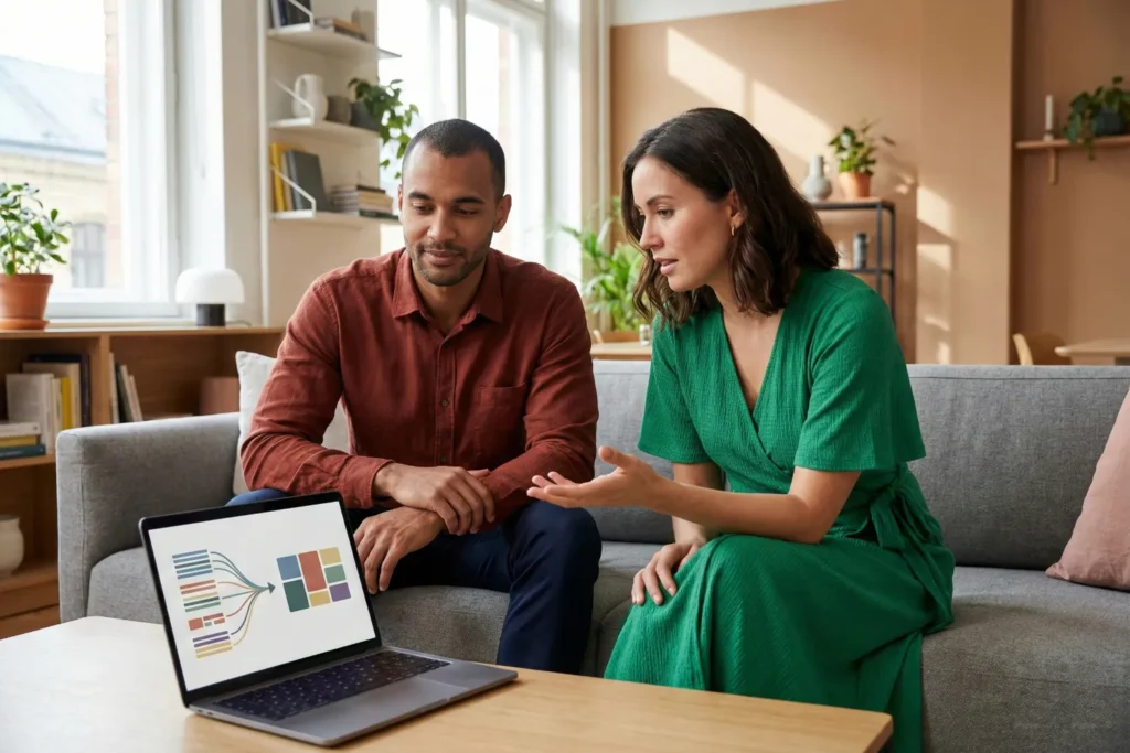A man SEO consultant and a woman marketing manager review consolidated website performance data on a laptop while discussing strategy in a sunlit coworking lounge.