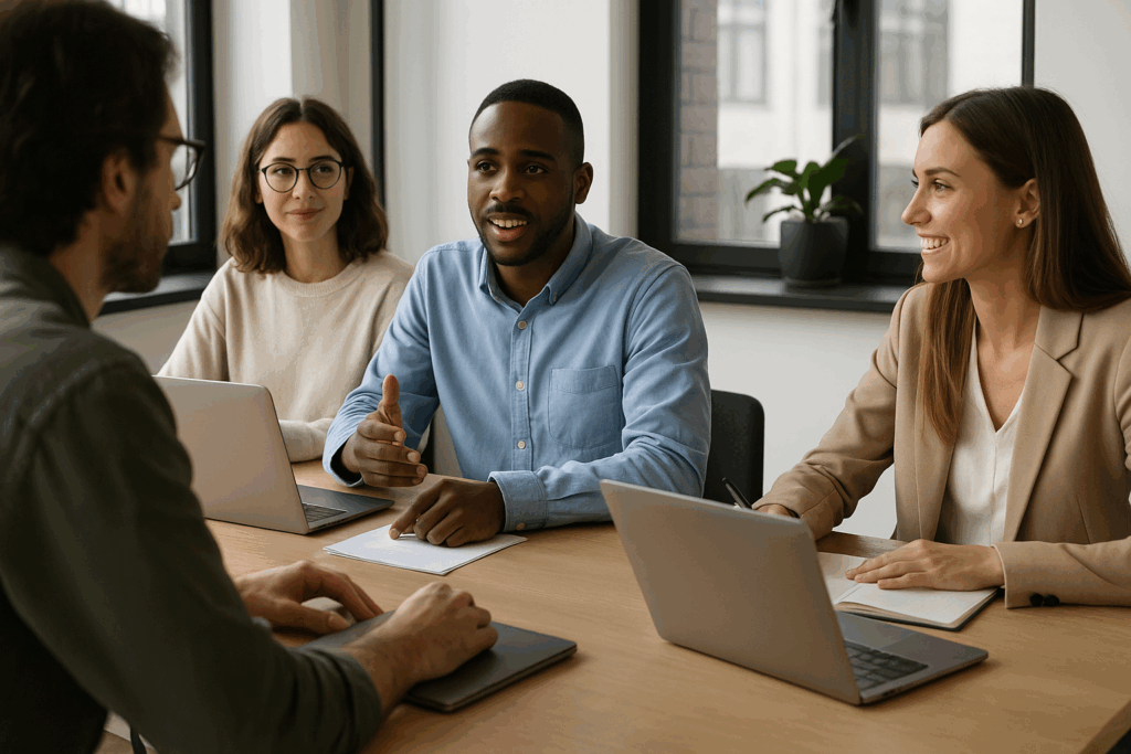 Team of professionals discussing expertise and trust