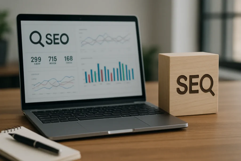 Laptop with SEO metrics and graphs