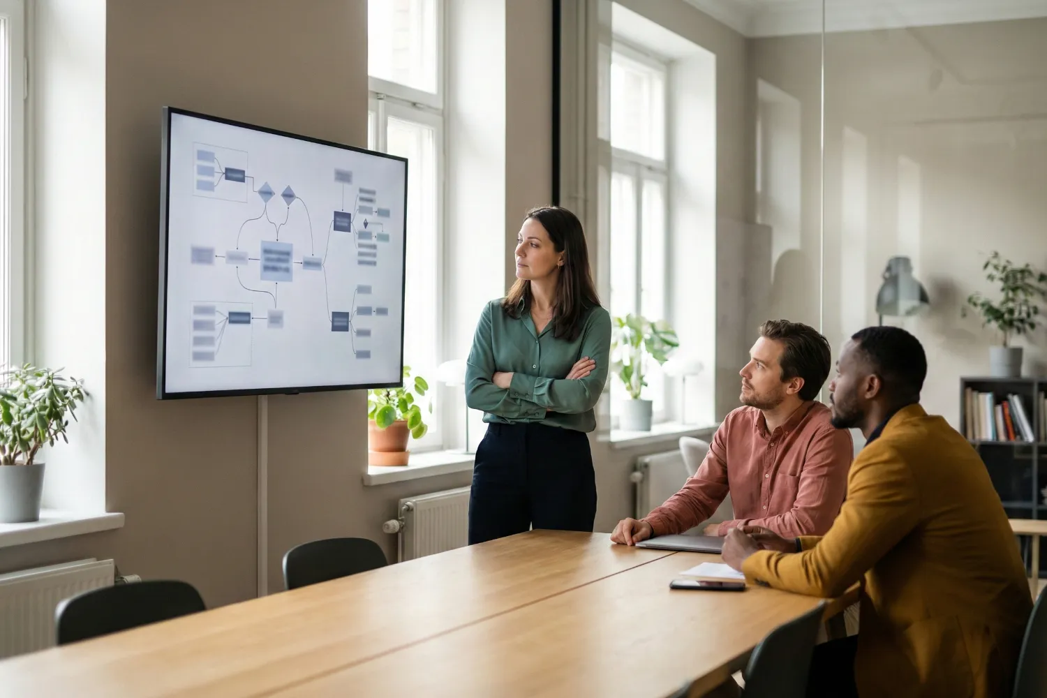 A small team of professionals in a modern office discussing semantic SEO strategy while reviewing abstract content relationships on a screen.